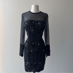 Oleg Cassini Black Embellished Sheath Dress with Long Bishop Sleeves